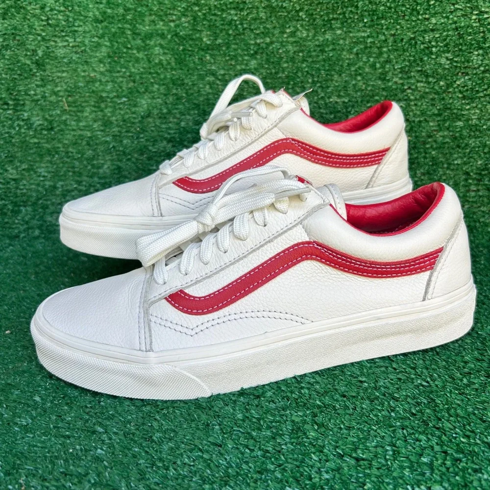 Vans Old Skool White Tumbled Leather Red Stripe Low Top Sneakers 507452 Mens 8